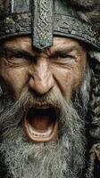 Fierce warrior shouting with a dramatic expression in a historical setting during a reenactment event photo
