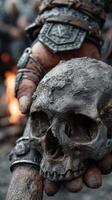 Warrior holds ancient skull in front of roaring fire during mysterious ritual at dusk photo