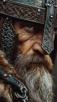 Warrior wearing an ornate helmet focuses intensely during a historical reenactment event in early morning light photo