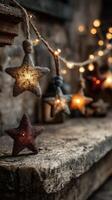 Decorative star lights create a warm ambiance on a rustic wooden shelf in a cozy setting during evening hours photo