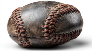 Vintage baseball resting on a surface showcasing worn leather and detailed stitching elements photo