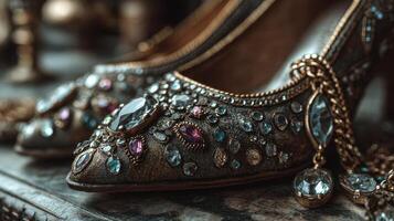 Exquisite embellished high-heeled shoes adorned with colorful gems on a vintage table photo