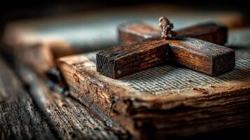 Rustic wooden cross on an old, weathered book with pages worn by time and use, evoking a sense of history and spirituality photo