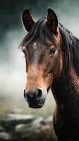 Majestic brown horse stands against a misty background in a serene outdoor setting during dawn photo