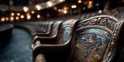 Vintage wooden seats line the elegant theater, reflecting the historic charm of live performances at night photo