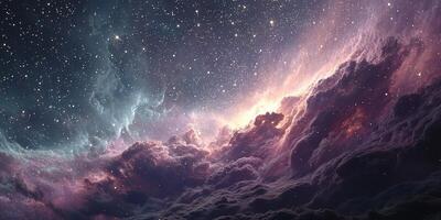 Vibrant cosmic clouds illuminated by distant stars in a vast galactic expanse photo