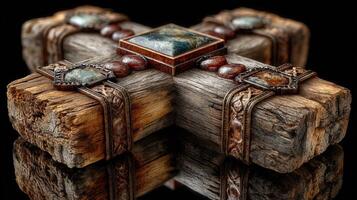 Detailed wooden artifact adorned with gemstones displayed against a reflective surface during dim lighting photo