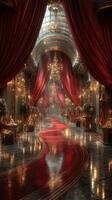 Luxurious ballroom with grand red curtains and sparkling chandeliers creates an enchanting atmosphere for a lavish event photo