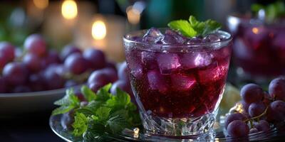 Refreshing grape beverage garnished with mint on a decorative tray surrounded by fresh grapes photo