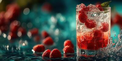Refreshing raspberry drink served in a clear glass with ice and mint, perfect for summer enjoyment by the poolside photo