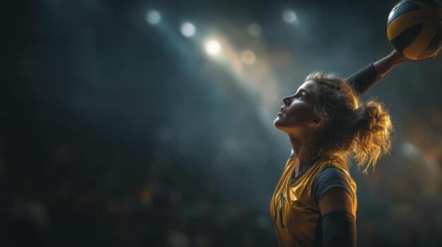 Volleyball player prepares for serve during a competitive match in an indoor stadium, focused and determined photo