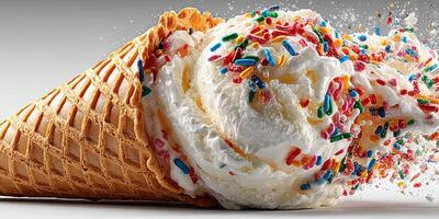 Delicious ice cream cone topped with colorful sprinkles on a sunny day in the park photo
