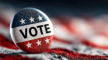 Vote button resting on an American flag symbolizing civic duty during elections photo