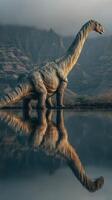 Majestic dinosaur stands beside a tranquil lake at dawn in a misty landscape surrounded by mountains photo