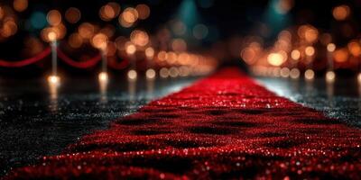 Elegant red carpet leading to glamorous event with soft lighting and festive atmosphere in a luxurious venue photo