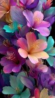 Vibrant floral arrangement with colorful blossoms and leaves against a black background showcasing beauty and elegance photo