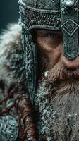 Warrior with a frosty beard stands vigilant in a winter landscape photo