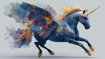 Majestic blue unicorn with golden wings soaring through an artistic background filled with vibrant colors photo