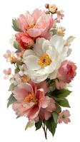 Bright floral arrangement featuring peonies and blossoms in soft pastel shades placed against a white background photo