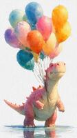 Cute dinosaur character floating with colorful balloons in a whimsical setting outdoors during a sunny day photo