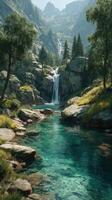 Stunning waterfall cascades into a crystal-clear pool in a serene mountain landscape during a bright sunny day photo
