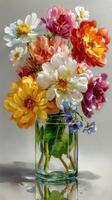 Bright bouquet of assorted flowers in a glass vase on a simple background photo