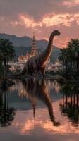 Majestic dinosaur statue reflects in tranquil water near ancient temple at sunset photo