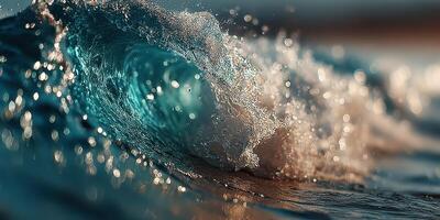 Waves crash on the shore during golden hour with sparkling water droplets in clear sunlight photo