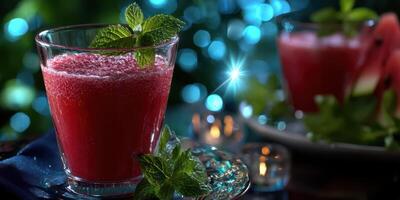 Refreshing watermelon mint beverage served in clear glass with sparkling blue background at a summer gathering photo