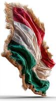 Hungarian national flag draped elegantly in mid-air showcasing vibrant colors and detailed fringes photo