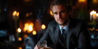 Man in a suit enjoys a drink by the fireplace in an elegant lounge during evening hours photo