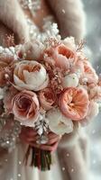 Beautiful pastel bouquet of peonies and roses held by a bride in a snowy winter setting adorned with delicate snowflakes photo