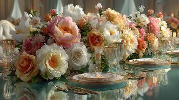 Elegant floral arrangement adorns a lavish dining table set for a special occasion in a luxurious venue photo
