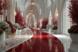 Elegant corridor adorned with red flowers and golden chandeliers in a luxurious venue photo