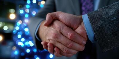 People engaging in a handshake during a festive evening event with blue lights in the background photo