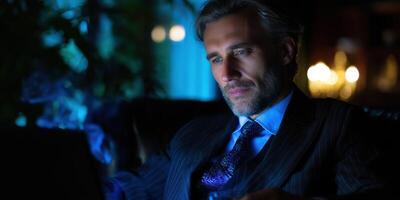 Businessman focused on work while seated in a dimly lit room during the evening hours photo