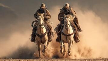 Cowboys riding white horses through dust in an open landscape at sunset photo