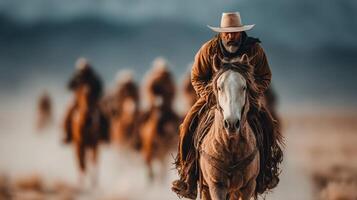 Horsemen ride through dusty plains during sunset on a warm evening in the countryside photo