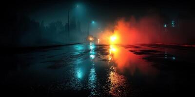 Nighttime urban landscape with glowing lights and wet pavement reflecting colors photo