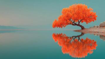 Vibrant orange tree reflected in calm waters under a serene sky at sunset photo