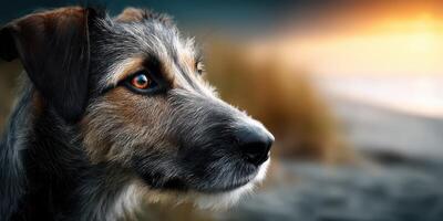 Dog gazing at sunset by the shore in a tranquil landscape with gentle waves and golden hues photo