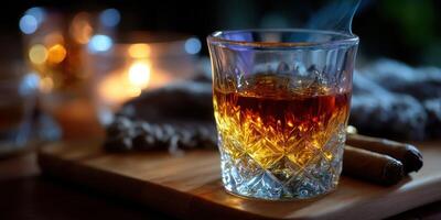 Warm amber drink in crystal glass surrounded by soft lighting during a cozy evening atmosphere photo