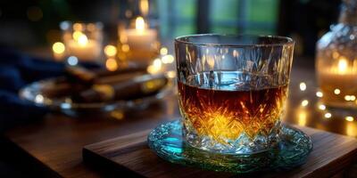 Whiskey in a crystal glass on a wooden table surrounded by candles and cigars at dusk photo