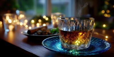 Warm drink on a cozy table with glowing lights and delicious snacks during an evening gathering photo