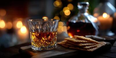 Whiskey glass on a wooden board with crackers and warm candlelight in a cozy setting during the evening photo
