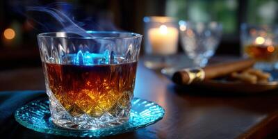 Relaxing evening with a glass of whiskey and cigar in a cozy setting by candlelight photo