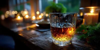 Warm ambiance with a glass of whiskey on a rustic wooden table during a cozy evening gathering photo