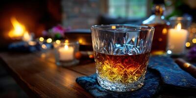 Warm ambiance with a glass of whiskey near a cozy fireplace during a tranquil evening at home photo