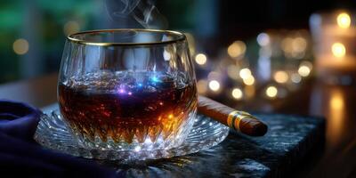 Warm whiskey glass with cigar on a marble table surrounded by soft lights in a cozy evening setting photo