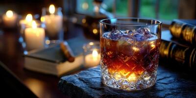 Elegant whiskey glass filled with ice on a dimly lit table surrounded by candles and books photo